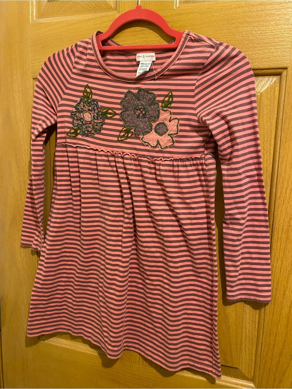 Mimi & Maggie Pink and Gray Striped Long-Sleeve Dress with Floral Appliques